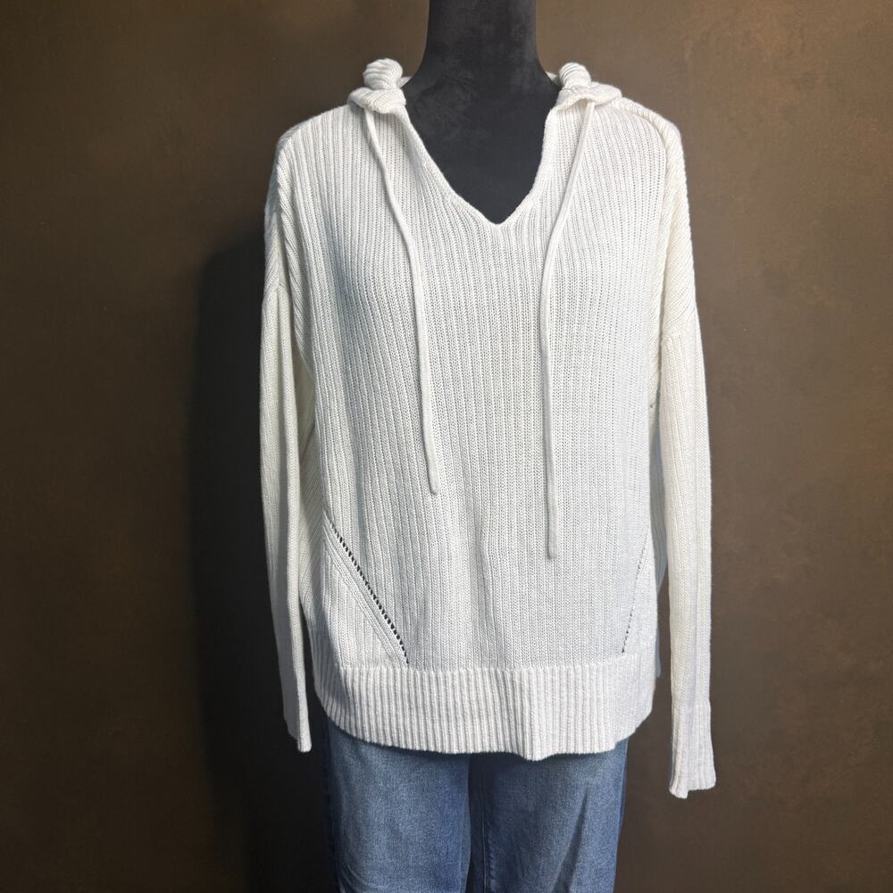 Haven Well Within XS White Cotton Knit Hoodie Sweater Ribbed Pullover Women's